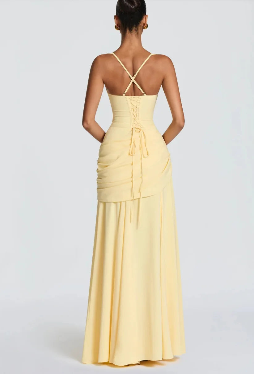 Gelbes gerafftes Maxikleid mit Drapierung