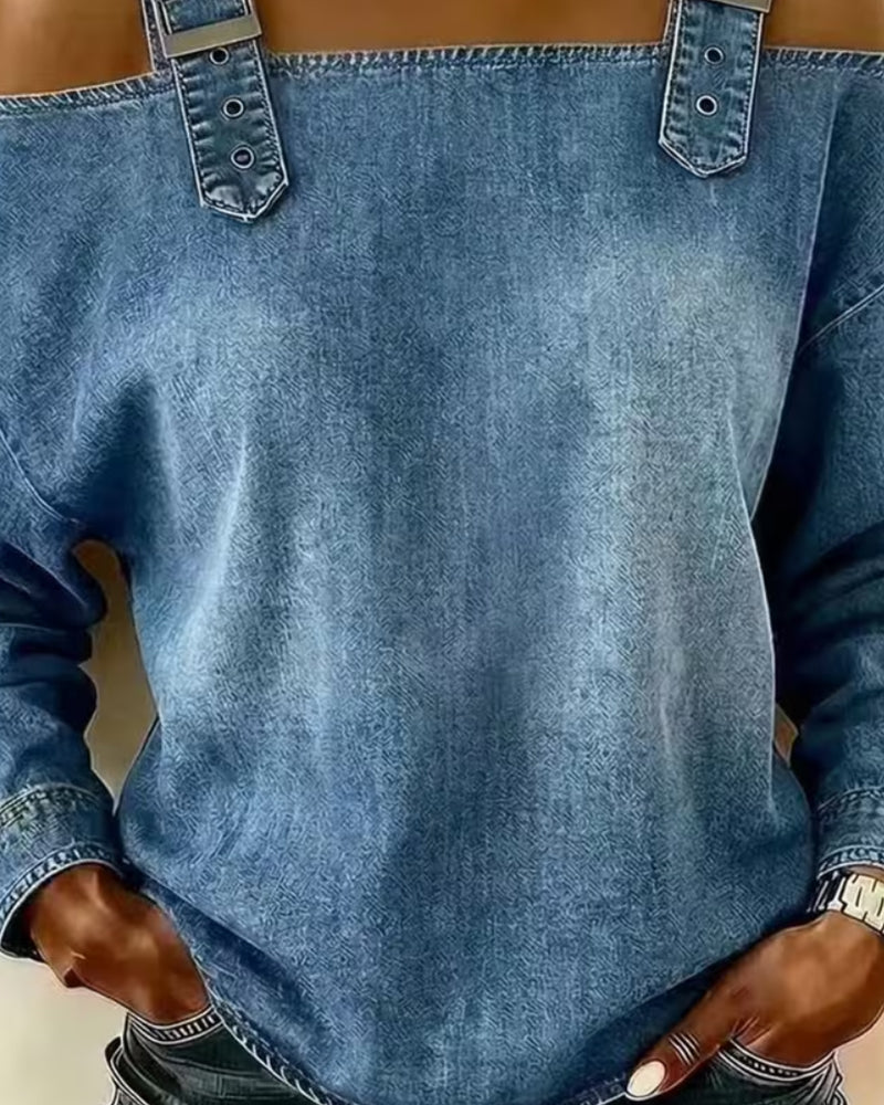 Vorderansicht der Damen Jeansbluse mit Langarm und Cut-out Detail