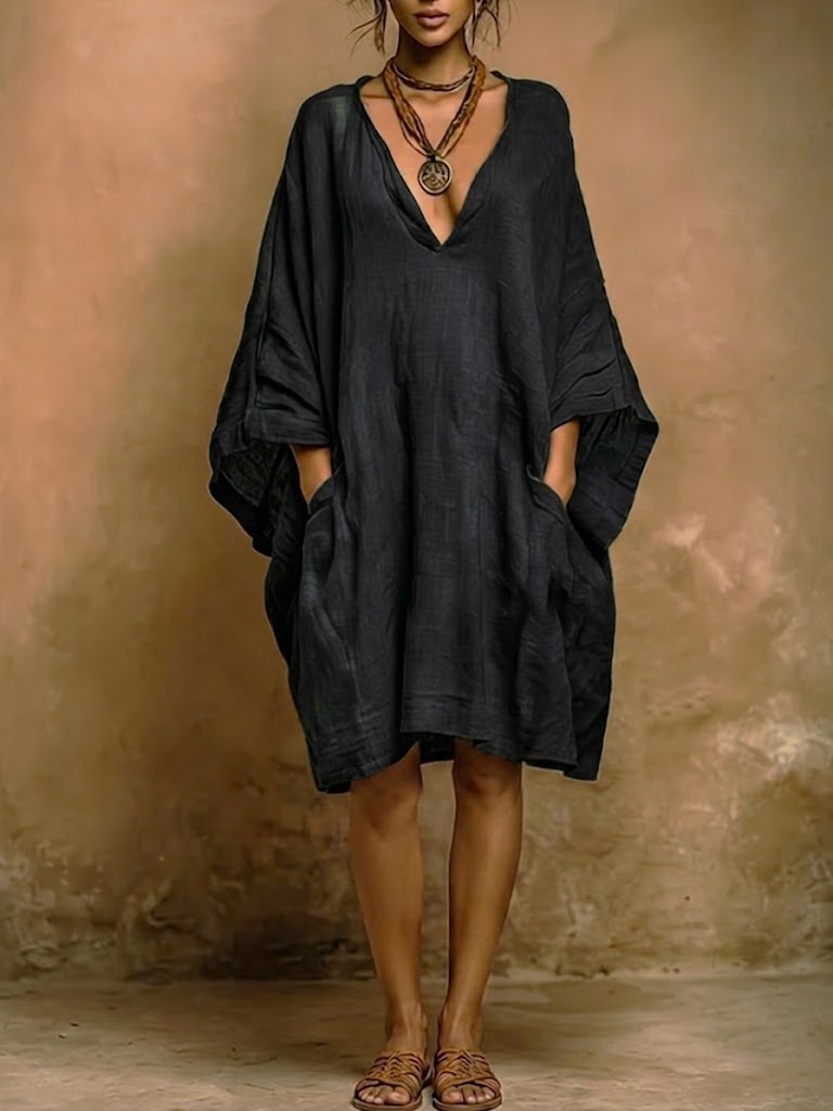Locker sitzendes Midi-Kleid mit V-Ausschnitt für Damen