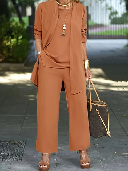 Damen Dreiteiler Set mit lockerer Bluse, Top und Hose in elegantem Freizeitstil