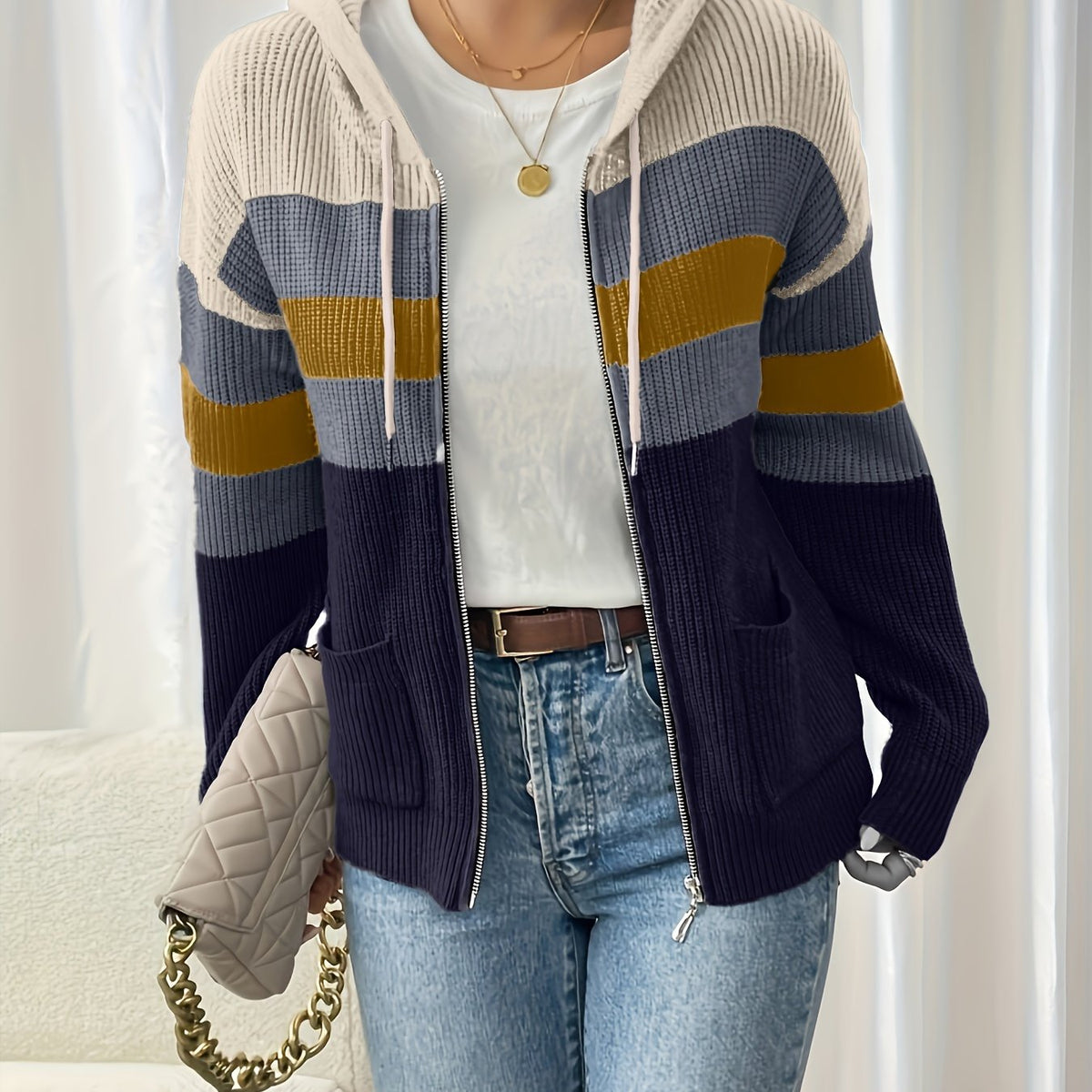 Damen Cardigan Mit Kapuze Im Farbblockdesign