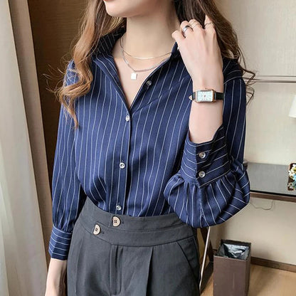 Damen lockeres gestreiftes Langarmshirt Blau Weiß