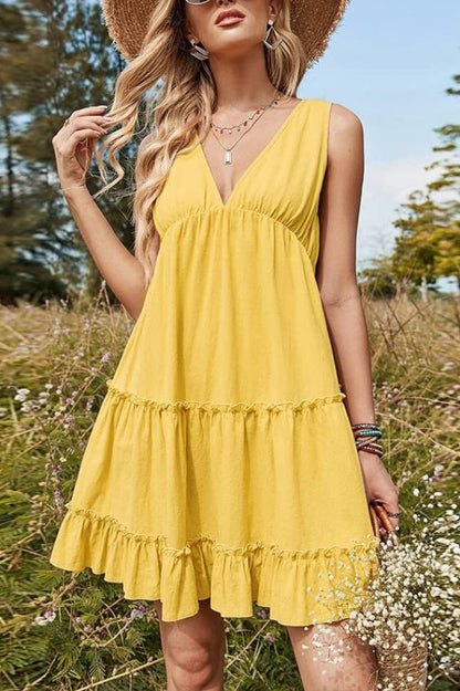 Damen V-Ausschnitt Ärmelloses Lässiges Lockeres Mini-Kleid