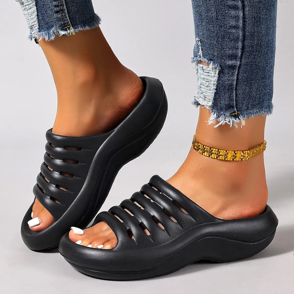 Damen Slip On Sandalen Mit Dicker Sohle