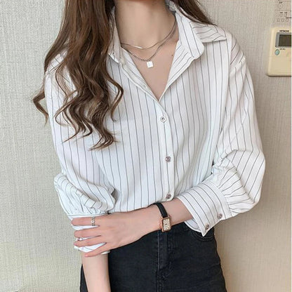 Damen lockeres gestreiftes Langarmshirt Blau Weiß