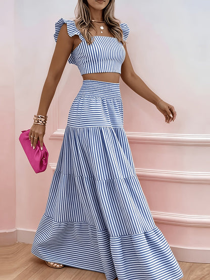 Blumiges Rüschen-Bustier-Top und ausgestelltes Maxirock-Set
