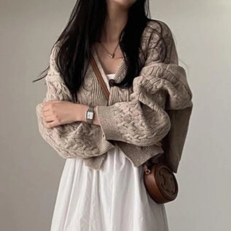 Damen Strickpullover mit V-Ausschnitt und Zopfmuster, lockere Passform
