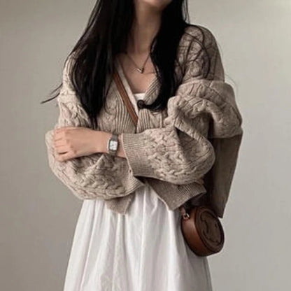 Damen Strickpullover mit V-Ausschnitt und Zopfmuster, lockere Passform