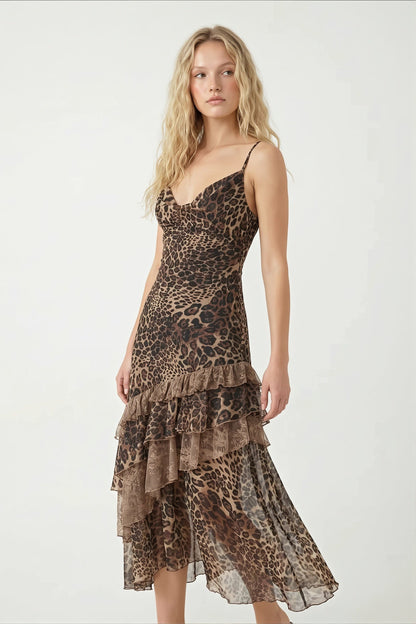 Damen-Midikleid mit Leopardenmuster und Spitzendetails von vorne