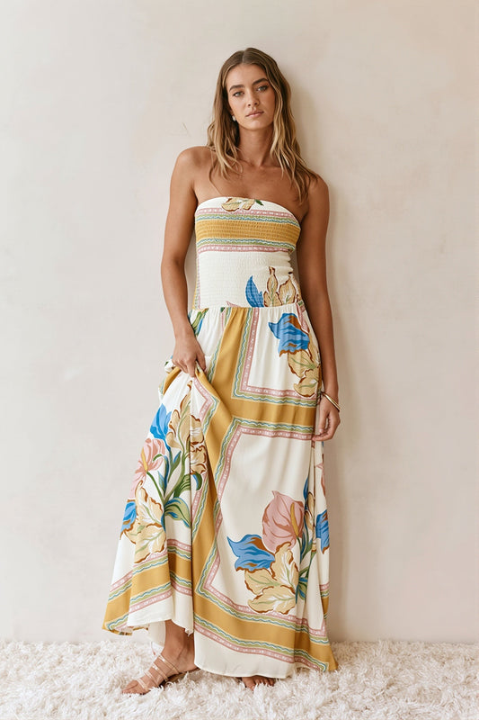 Damen-Maxikleid mit floraler Musterung und Bandeau-Ausschnitt