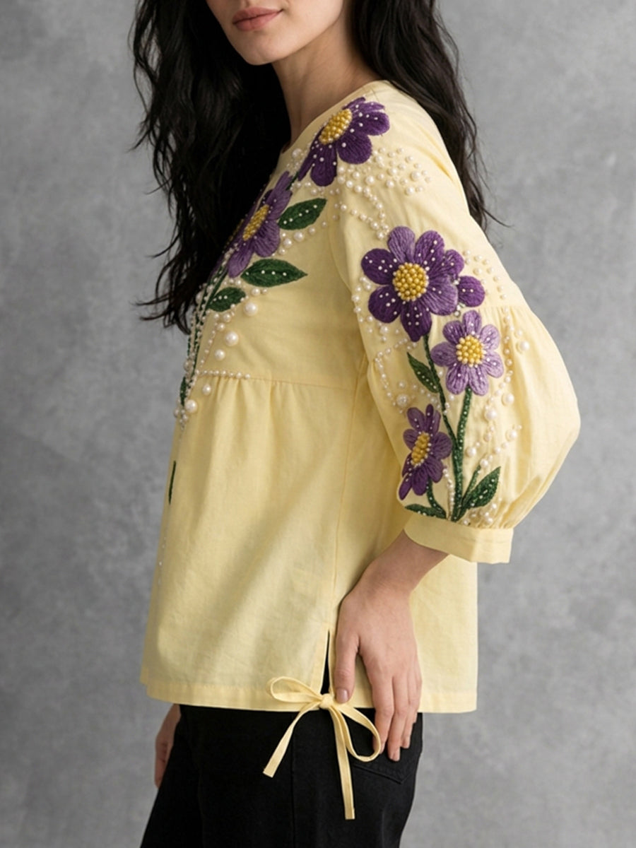 Gelbe Damen Bluse mit Rundhals, Kontrastdetails und lockerem Schnitt