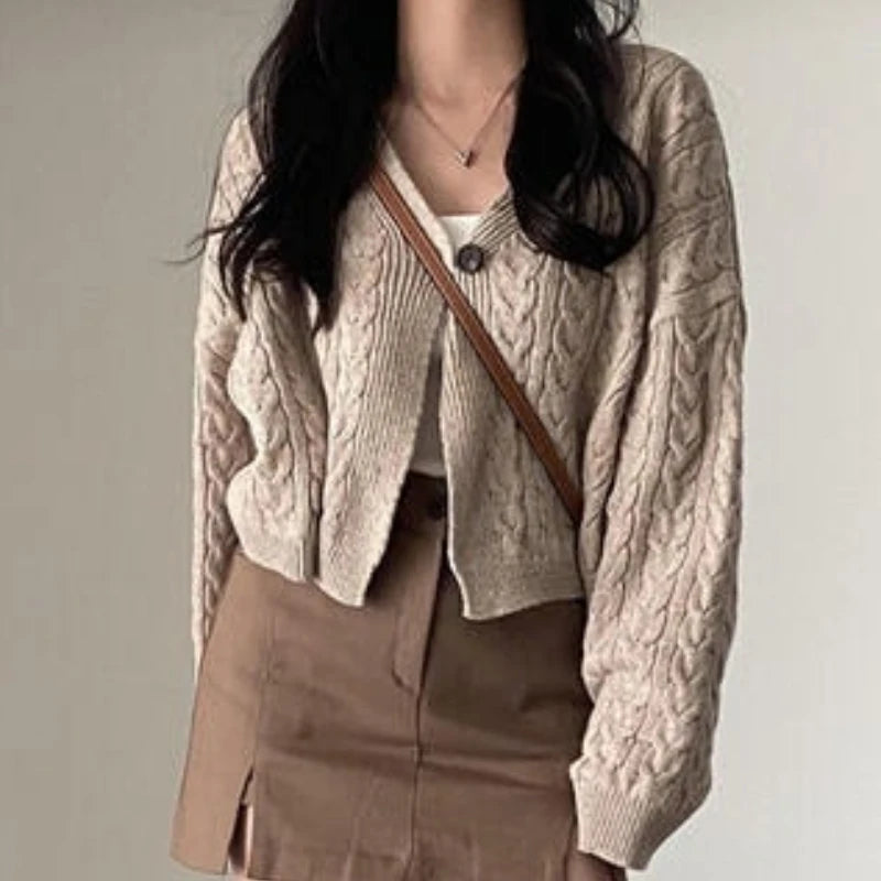 Damen Strickpullover mit V-Ausschnitt und Zopfmuster, lockere Passform