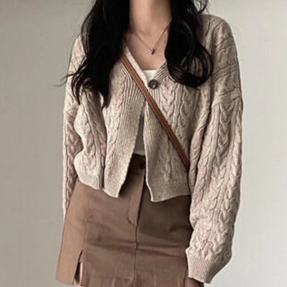 Damen Strickpullover mit V-Ausschnitt und Zopfmuster, lockere Passform
