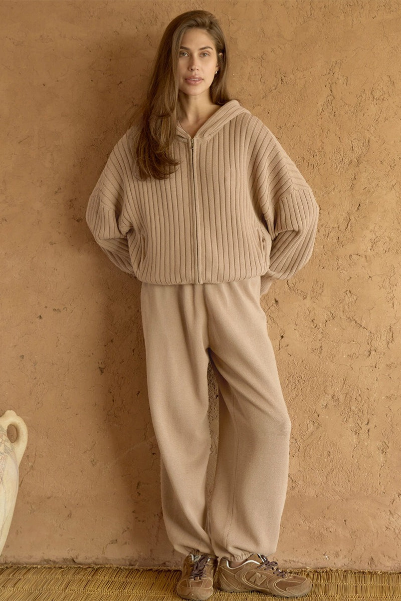 Damen Rippstrick Zweiteiler Mit Kapuze Und Haremhose