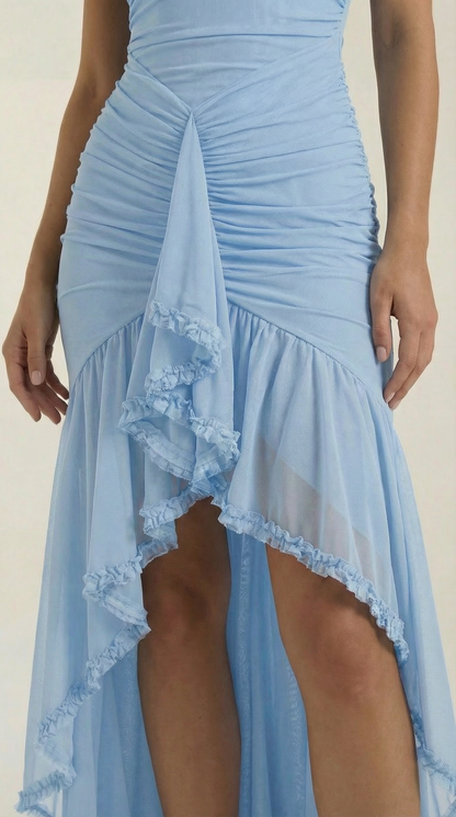 Damen Maxikleid mit Volants und asymmetrischem Saum