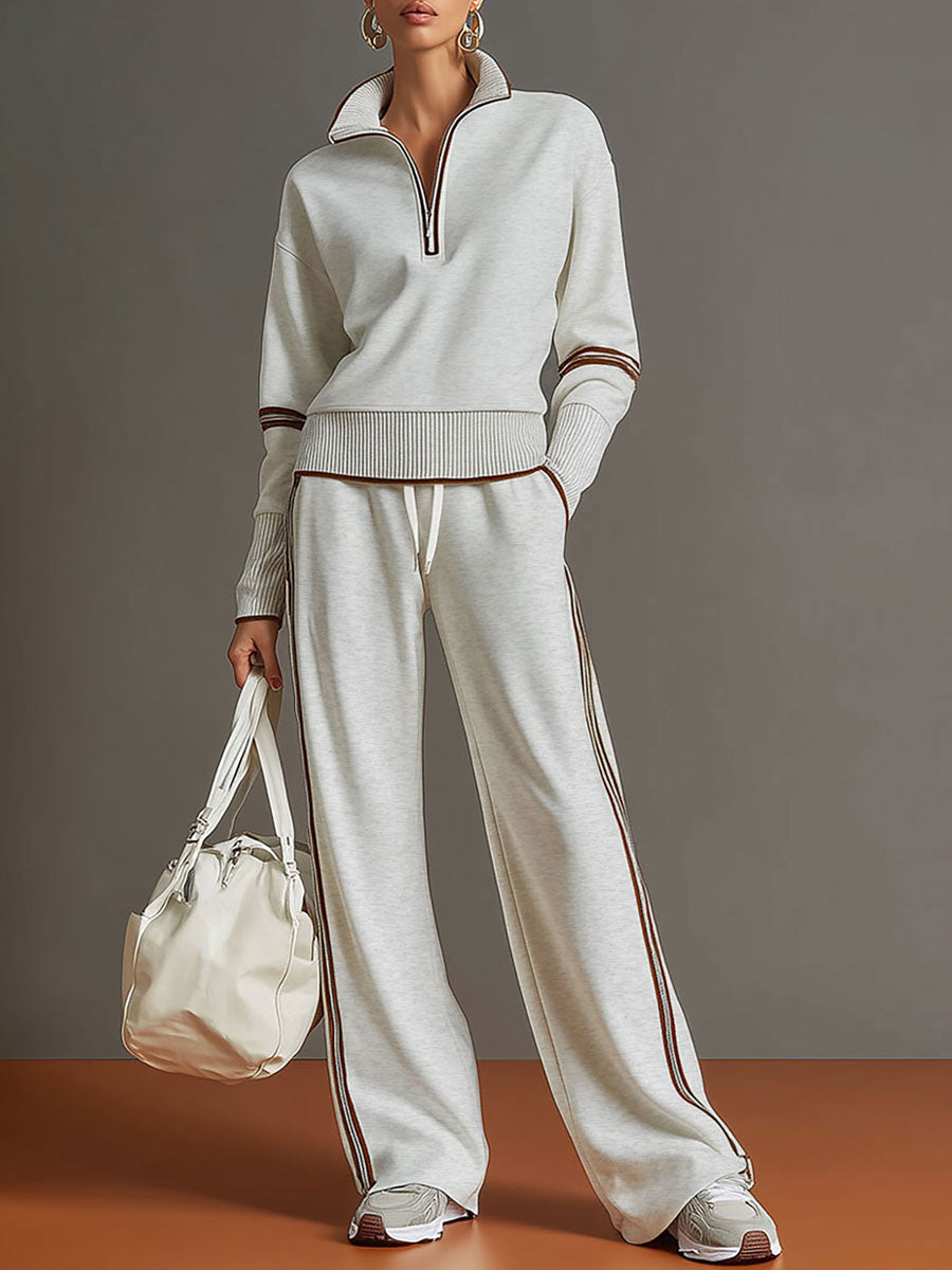 Pullover mit halbem Reißverschluss & Hose mit weitem Bein Set