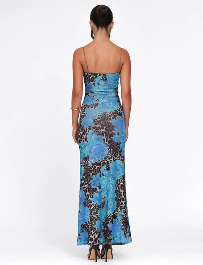 Eng anliegendes Maxi-Kleid mit blauem Leopardenmuster