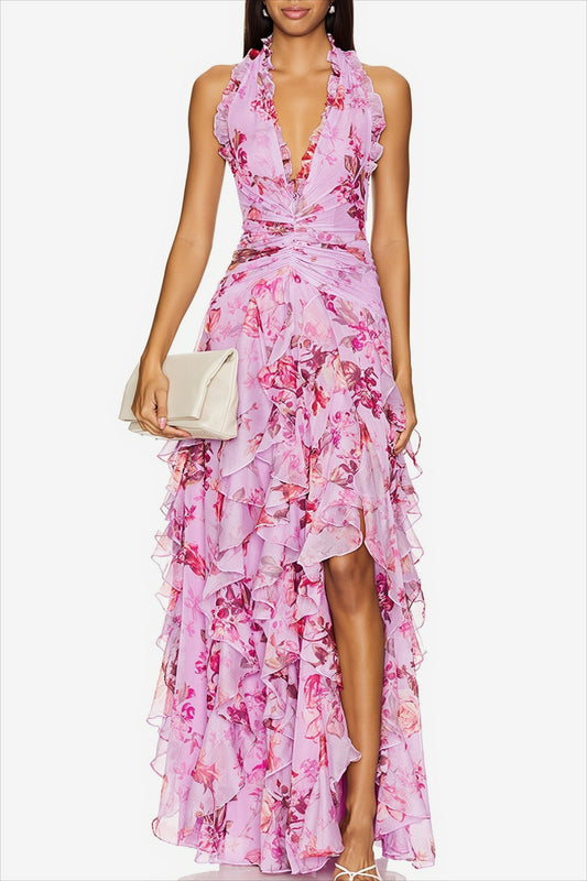 Damen-Maxikleid aus Chiffon mit floralem Print und femininem Stufenrock