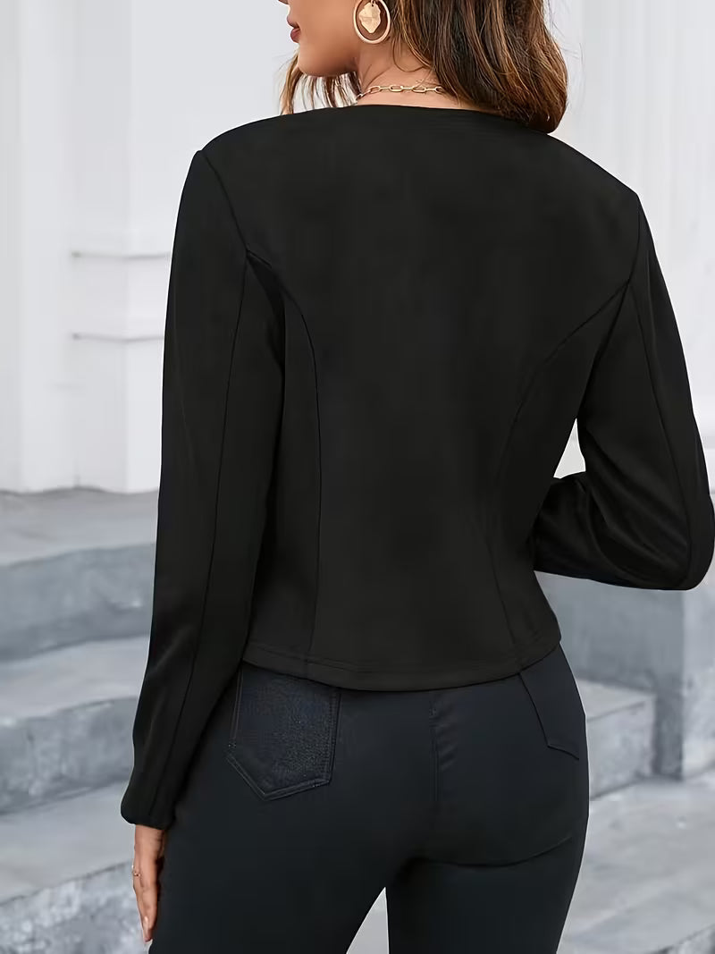 Rückansicht der Damen-Wildlederjacke mit Rundhalsausschnitt