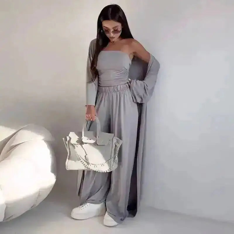 Damen Trägerloses Strick-Top mit Cardigan und weiten Hosen Set