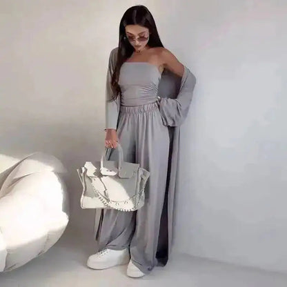 Damen Trägerloses Strick-Top mit Cardigan und weiten Hosen Set