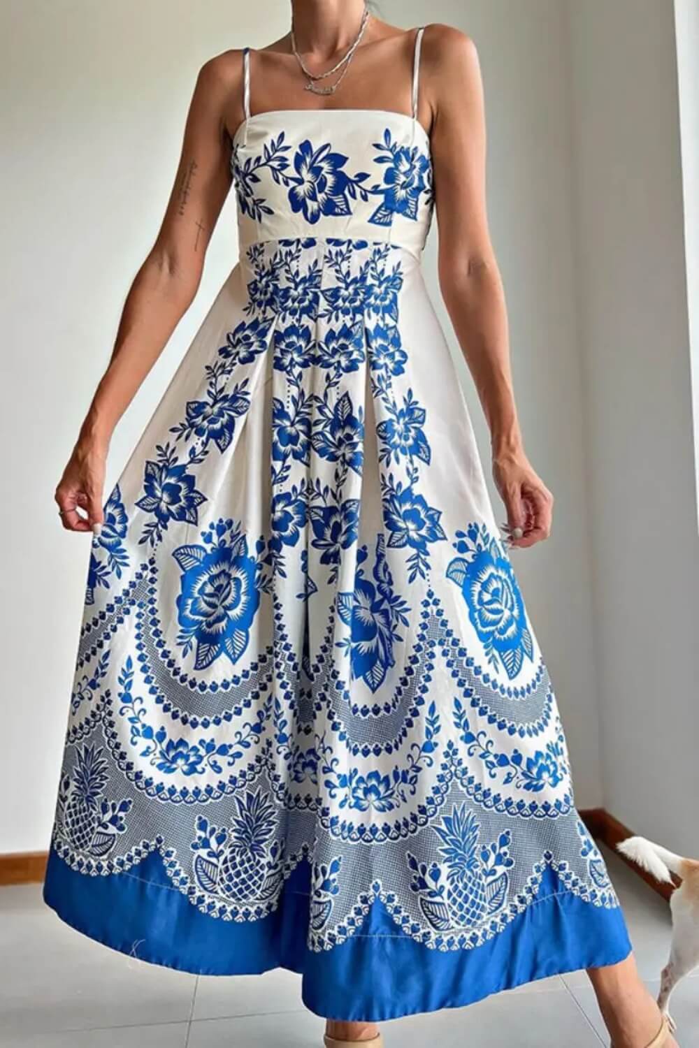 Spaghettiträger Polyester Midi Kleid Blau