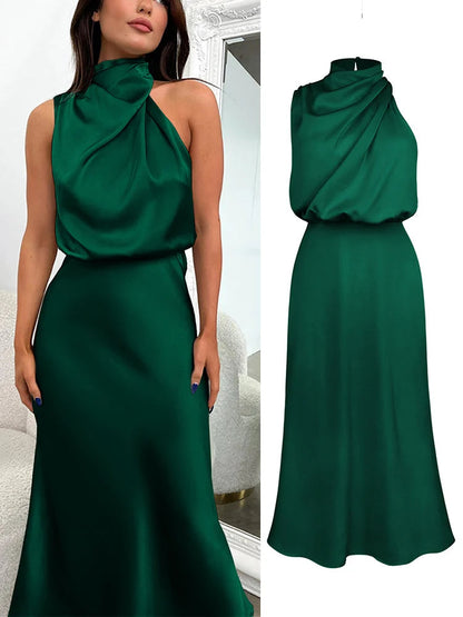 Damen Satin Midi Kleid Asymmetrischer Ausschnitt Abendkleid