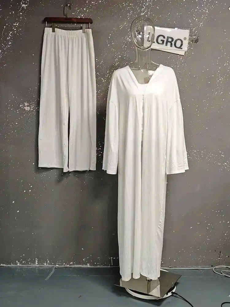 Damen Trägerloses Strick-Top mit Cardigan und weiten Hosen Set
