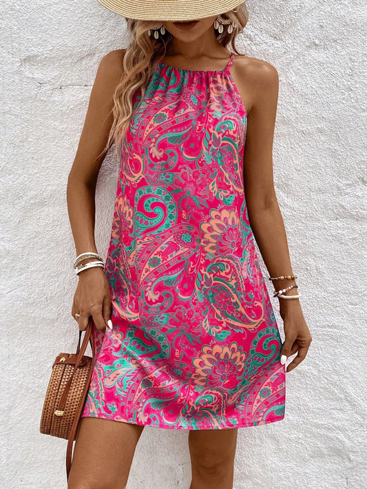 Damen Mini-Kleid mit Paisley-Muster und Neckholder ohne Ärmel