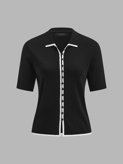 Damen Stricktop mit kurzen Ärmeln und Kragen in Rückansicht