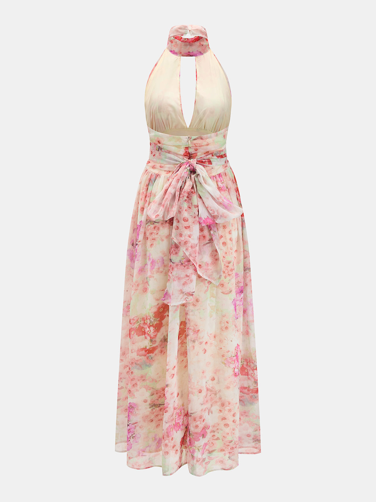 Seitenansicht eines langen Damenkleids mit Blumenprint und Halter-Design