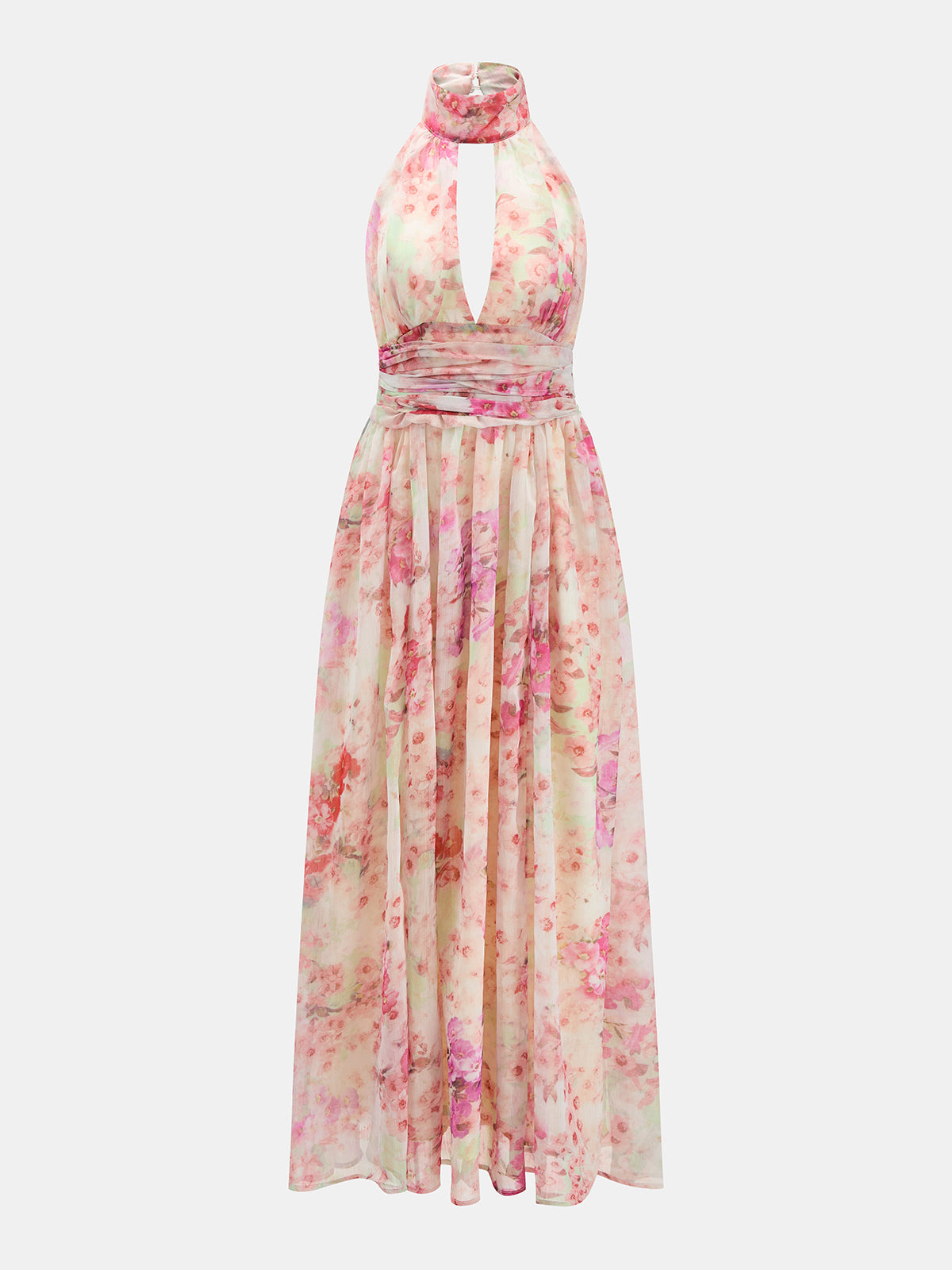 Maxikleid für Damen mit Keyhole-Detail und floralem Muster von vorne