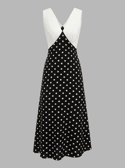 Langes Damenkleid mit Tupfenmuster und farblich abgesetztem Design