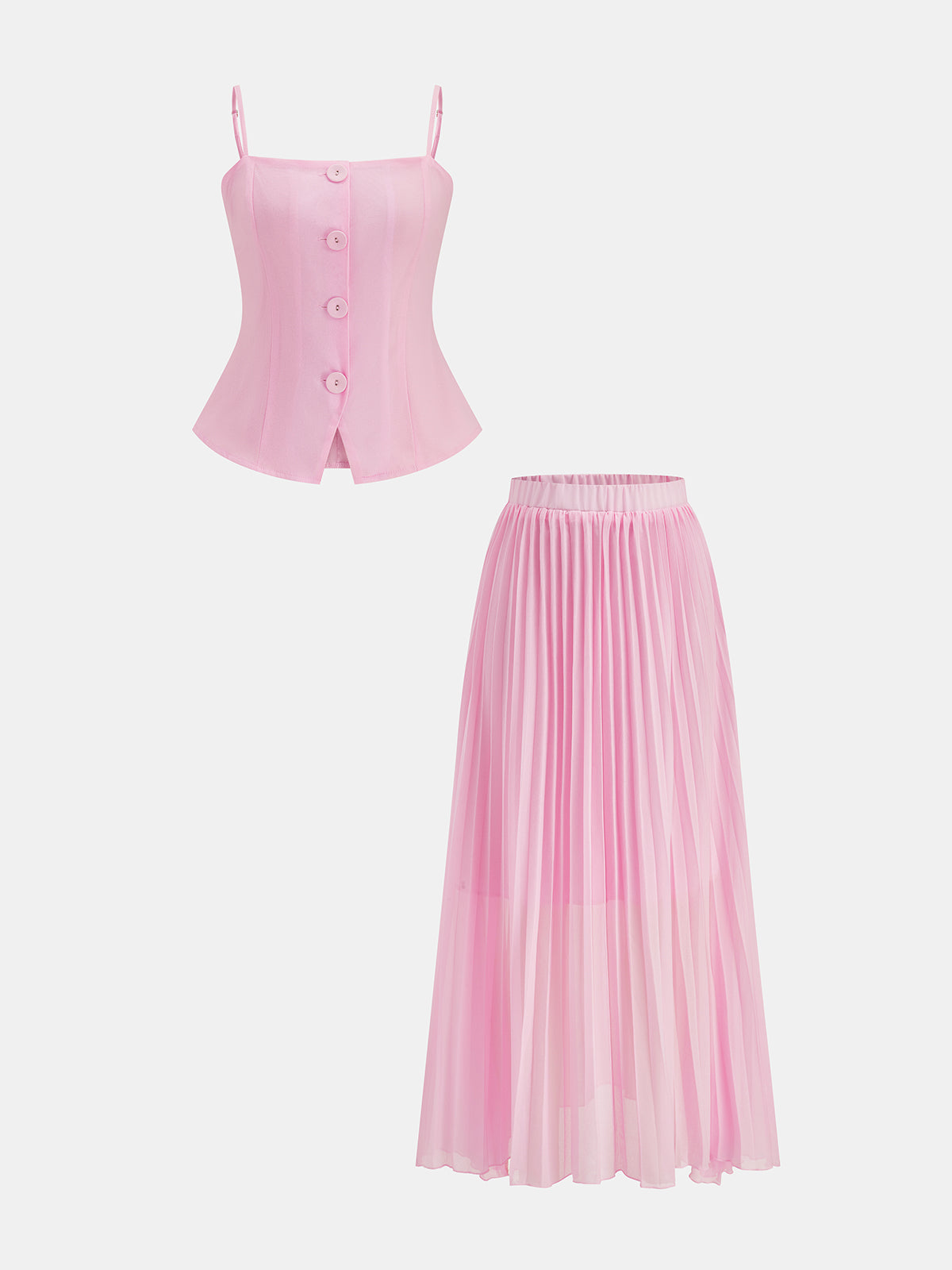 Camisole Top mit Knopfleiste und passendem Faltenrock als zweiteiliges Damen-Set