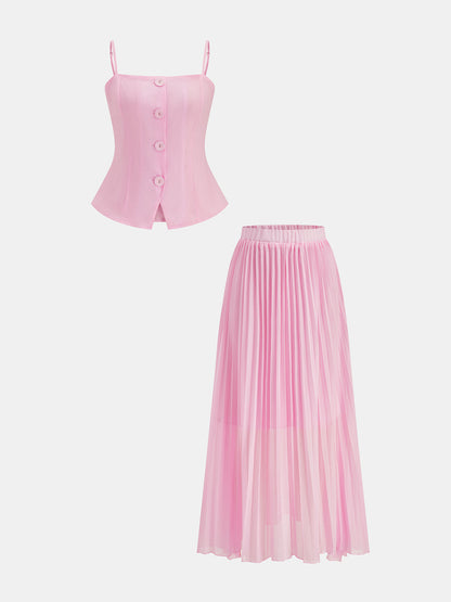 Camisole Top mit Knopfleiste und passendem Faltenrock als zweiteiliges Damen-Set