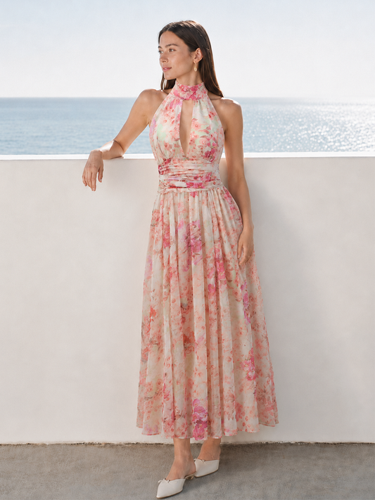 Damen-Maxikleid mit Blumenprint und Halter-Ausschnitt in voller Länge