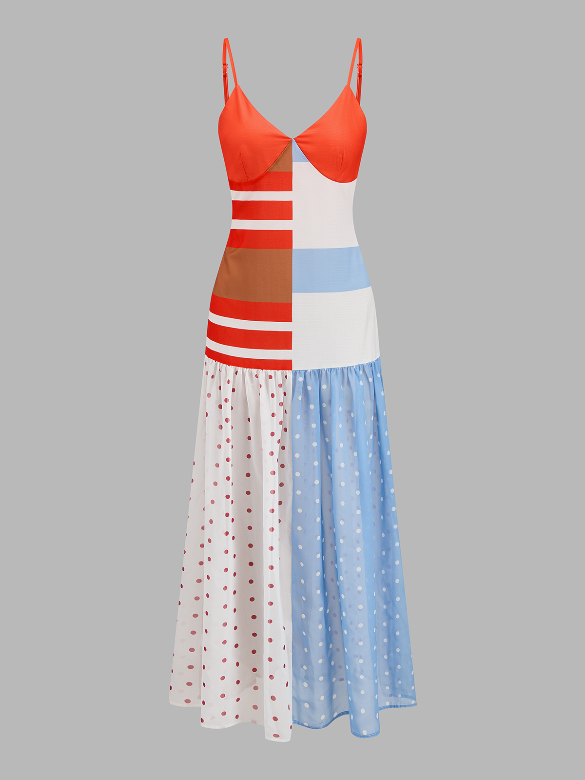 Damen Midi Slipkleid mit Spaghettiträgern und Colorblock-Design