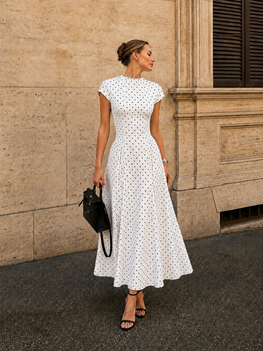 Damen-Maxikleid mit Tupfenprint und Fit-Flare-Schnitt in voller Ansicht