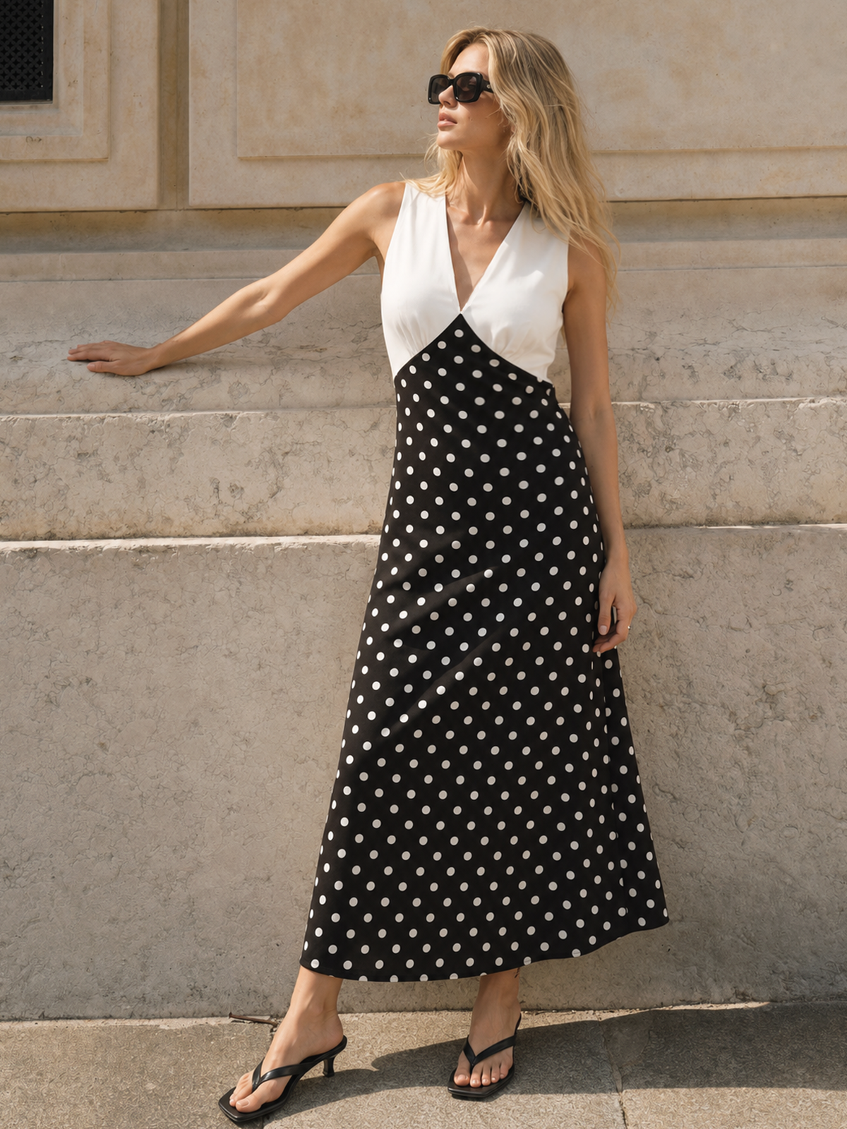 Damen Maxikleid mit Tupfenprint und V-Ausschnitt in ganzer Ansicht
