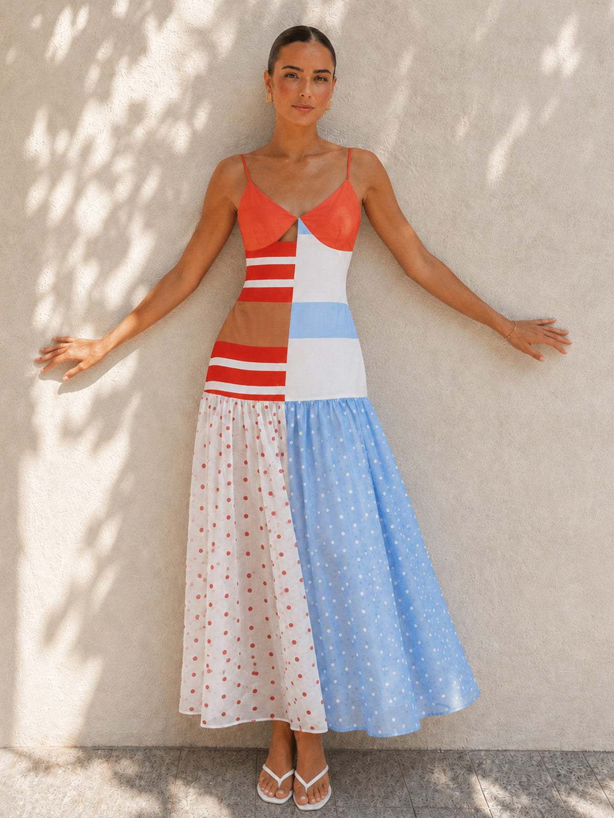 Damen Midi Slipkleid mit Tupfenprint und Patchwork in Vorderansicht