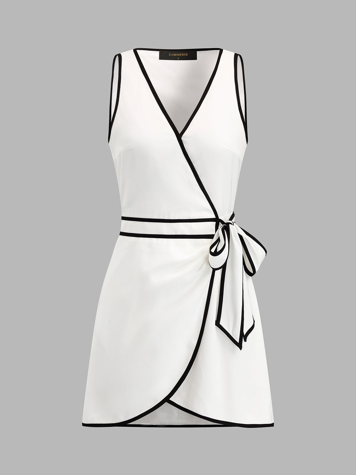 Damen ärmelloses Mini Wickelkleid mit Kontrastsaum, Rückansicht