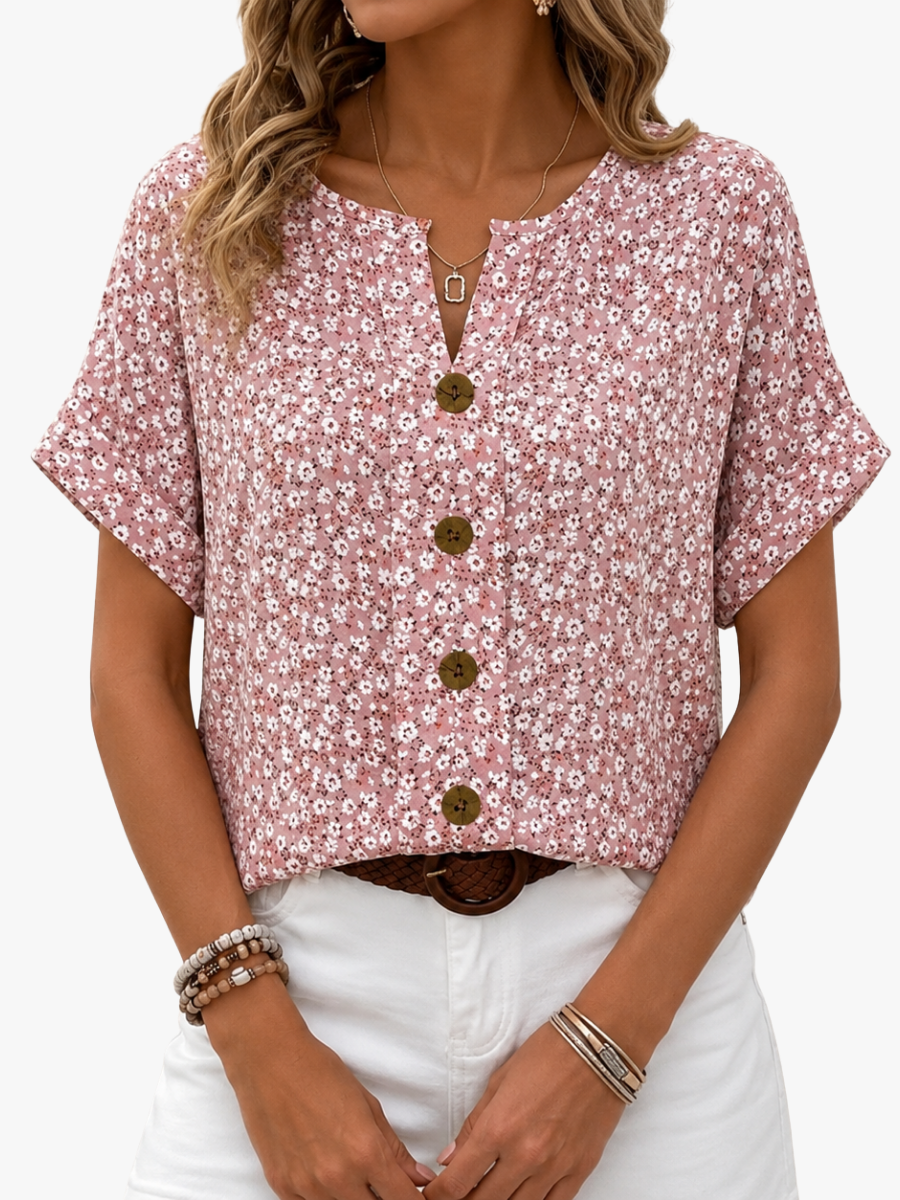 Damenbluse mit Blumenprint und fliessendem Fall in Vorderansicht
