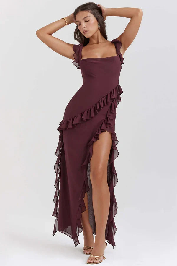 Damen-Maxikleid mit Rüschen und eckigem Ausschnitt in voller Länge