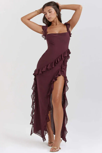 Damen-Maxikleid mit Rüschen und eckigem Ausschnitt in voller Länge