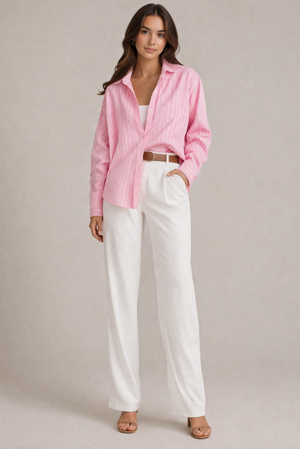 Rosa-weisse Damenbluse mit Knopfleiste und klassischem Hemdkragen