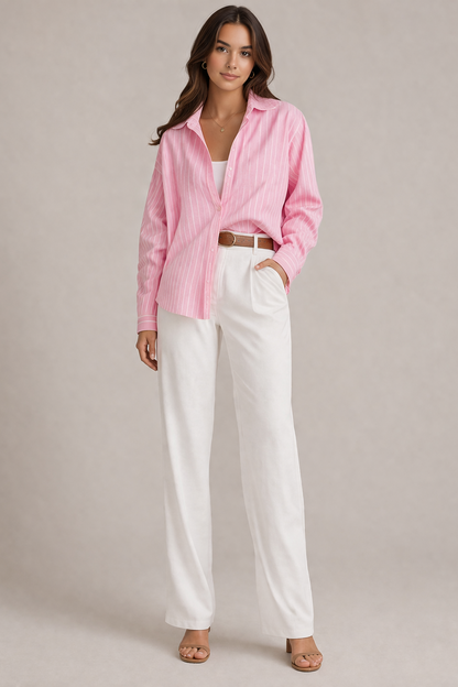 Rosa-weisse Damenbluse mit Knopfleiste und klassischem Hemdkragen