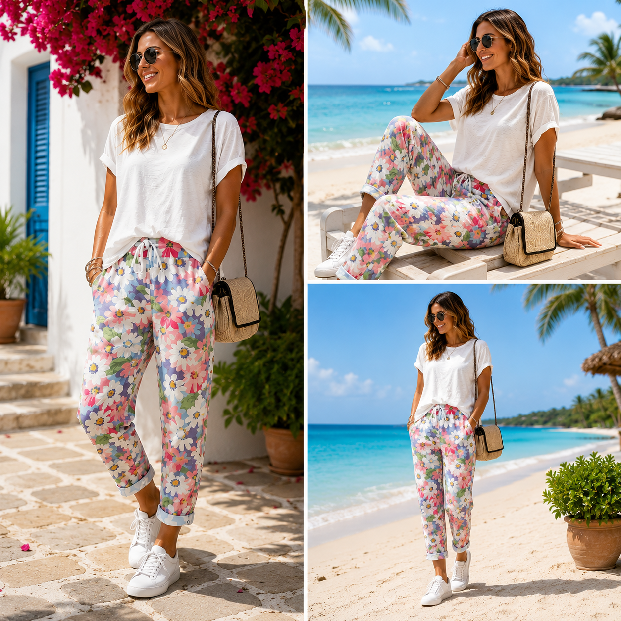 Damen Hose mit Blumenmuster und schmal zulaufendem Bein