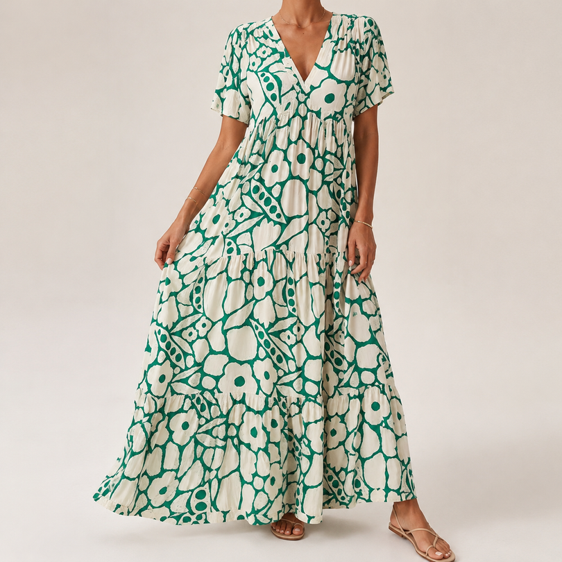 Damen Maxikleid mit Blumenprint und V-Ausschnitt in langer, fliessender Passform