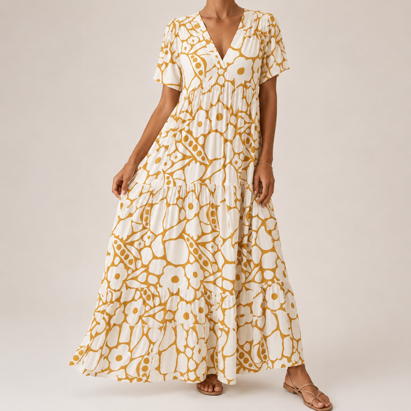 Damen Maxikleid Mit Blumenprint Und V Ausschnitt