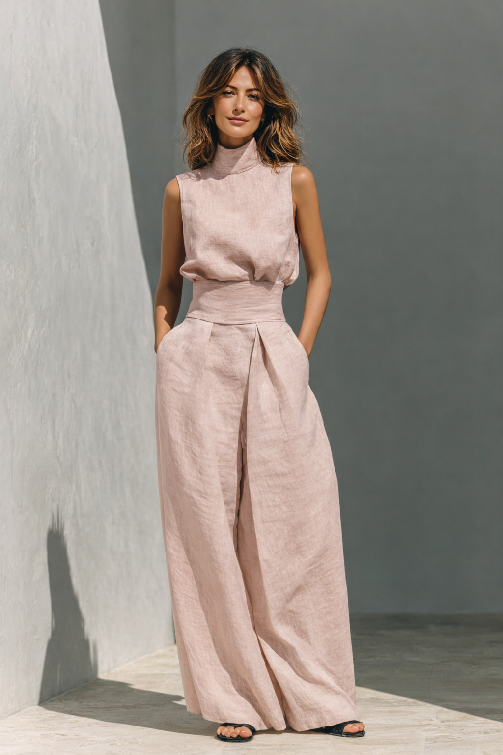 Damen Minimalistisches Baumwoll-Leinen Tanktop und Weite Hosen Set
